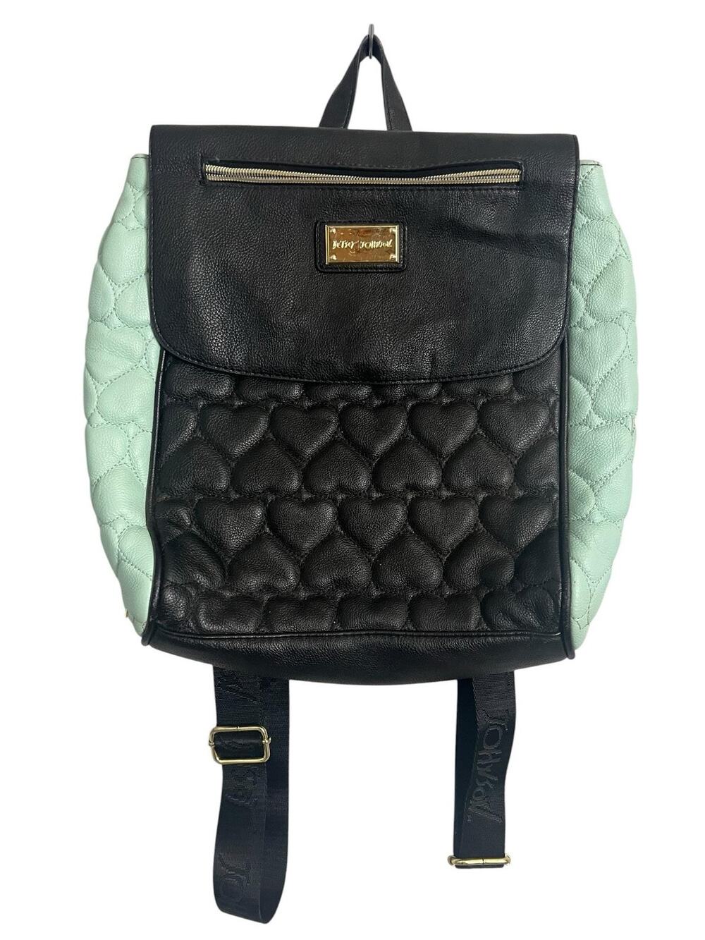 Betsey Johnson Quilted Backpack Womens Medium Black Mint Heart Faux Leather